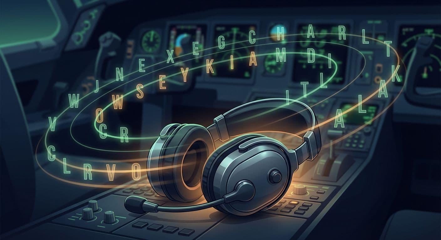 Pilota che usa alfabeto fonetico NATO per comunicazioni radio in cockpit