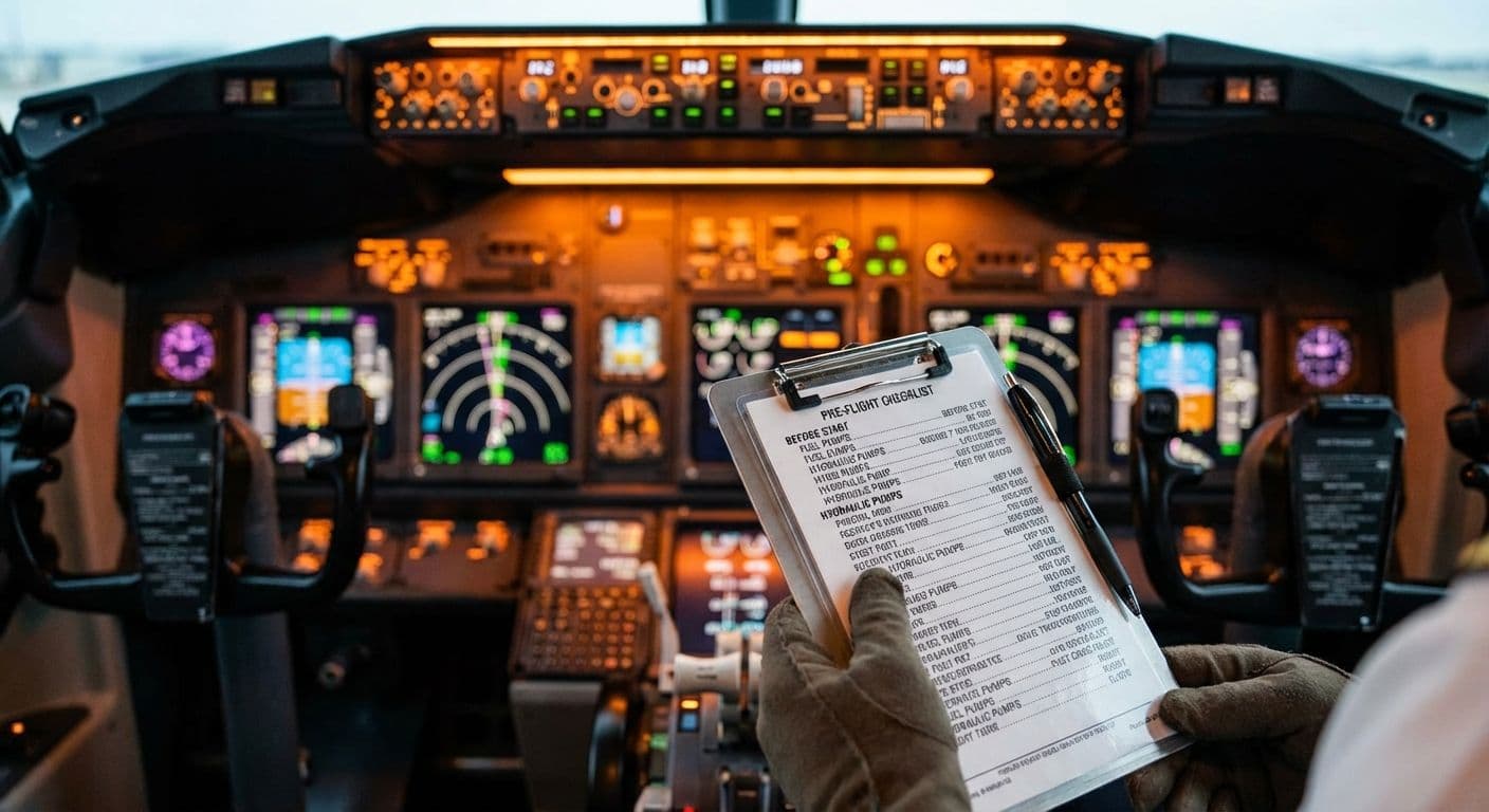 Checklist pre-volo Boeing 737 con pilota che verifica strumenti in cockpit