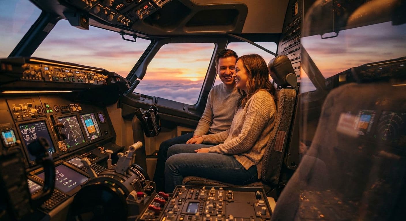 Coppia sorridente ai comandi del simulatore Boeing 737 durante esperienza romantica