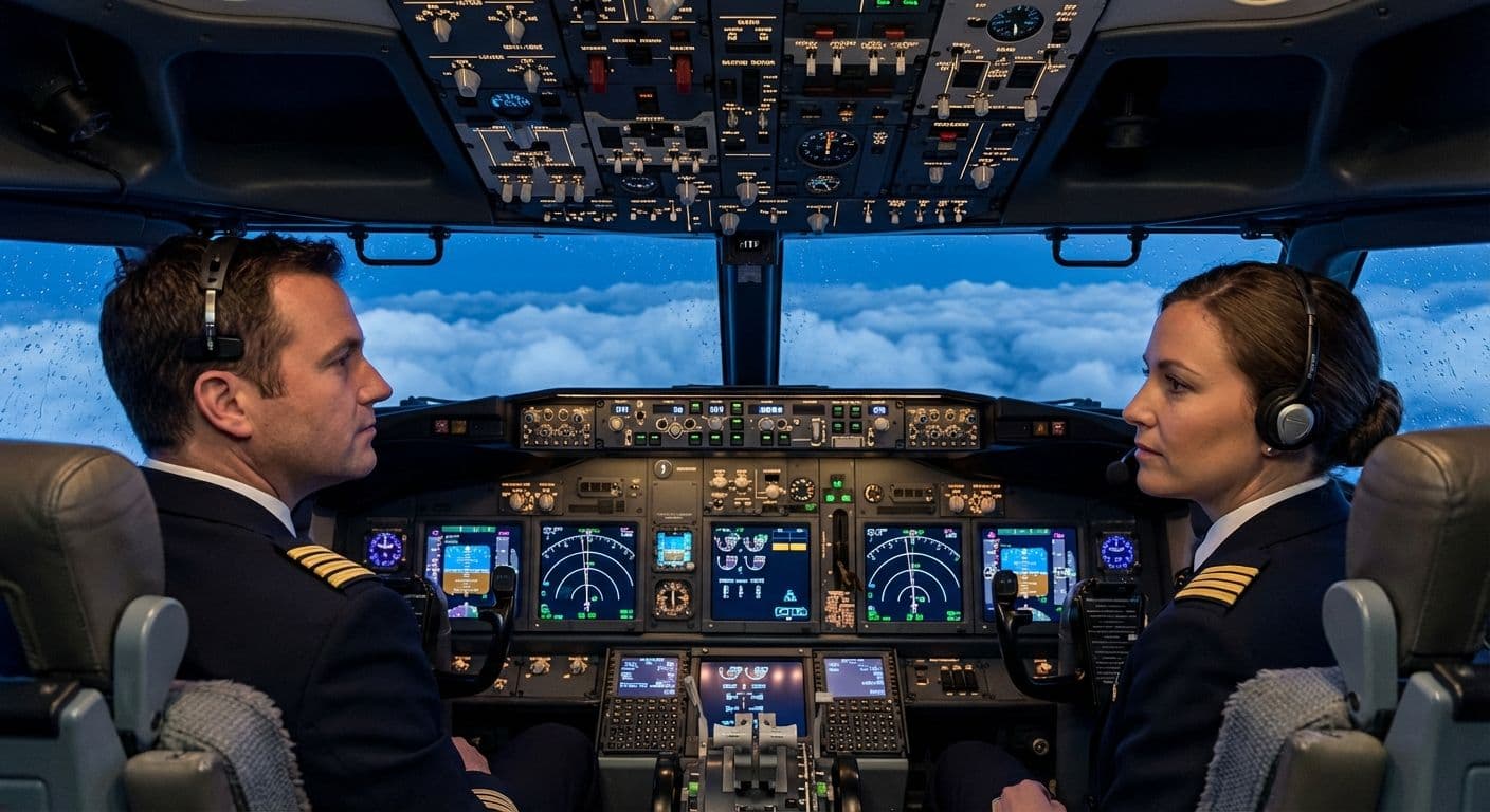 Piloti al lavoro nel cockpit Boeing 737 durante volo di linea