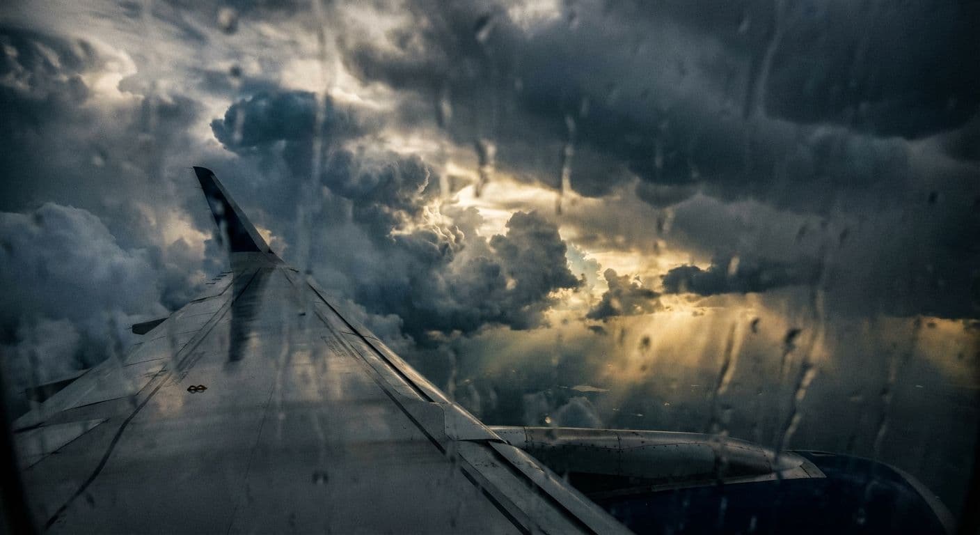 Aereo commerciale che attraversa turbolenza tra nuvole tempestose
