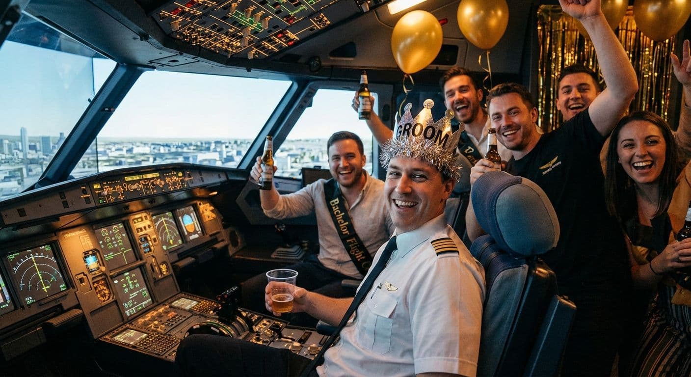 Gruppo festeggia addio al celibato al simulatore di volo Boeing 737