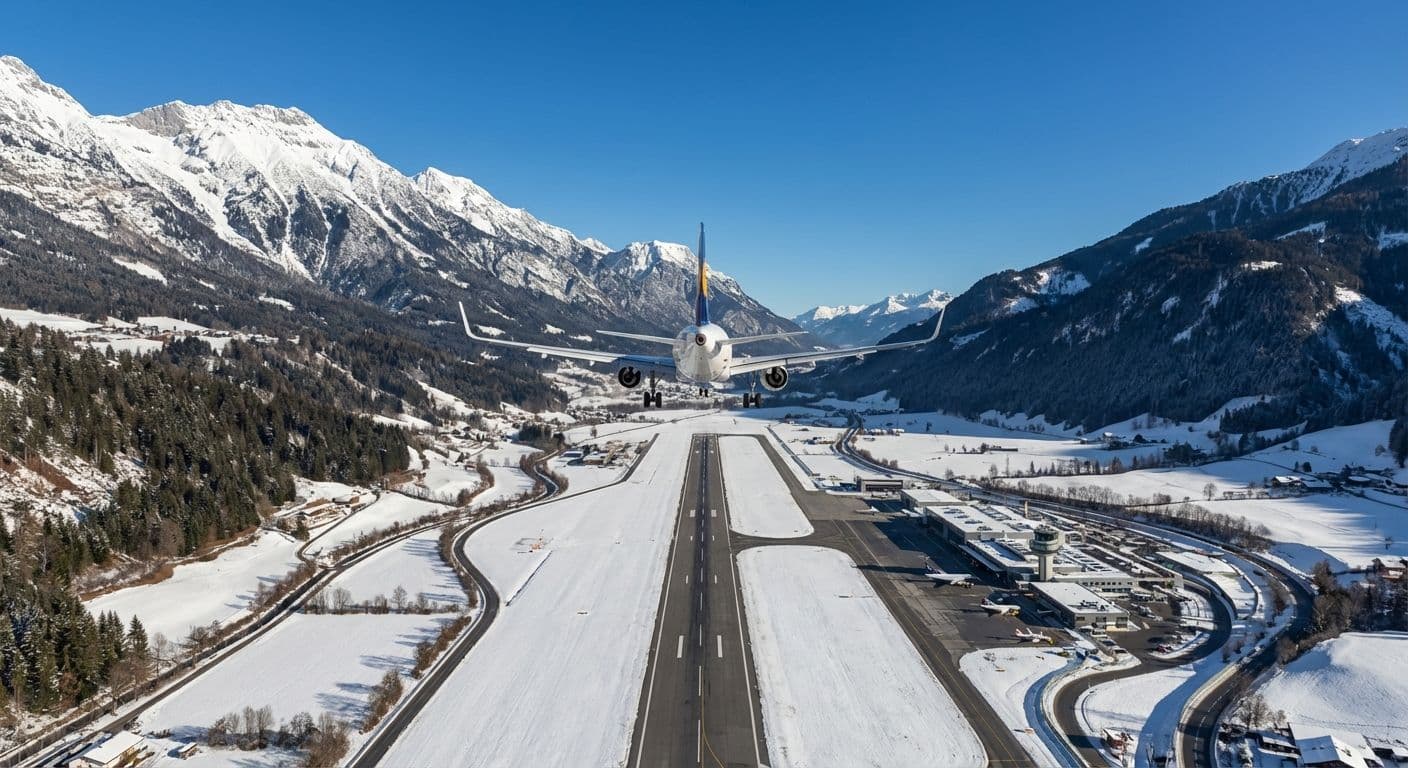 Vista spettacolare dell'aeroporto di Innsbruck tra le montagne