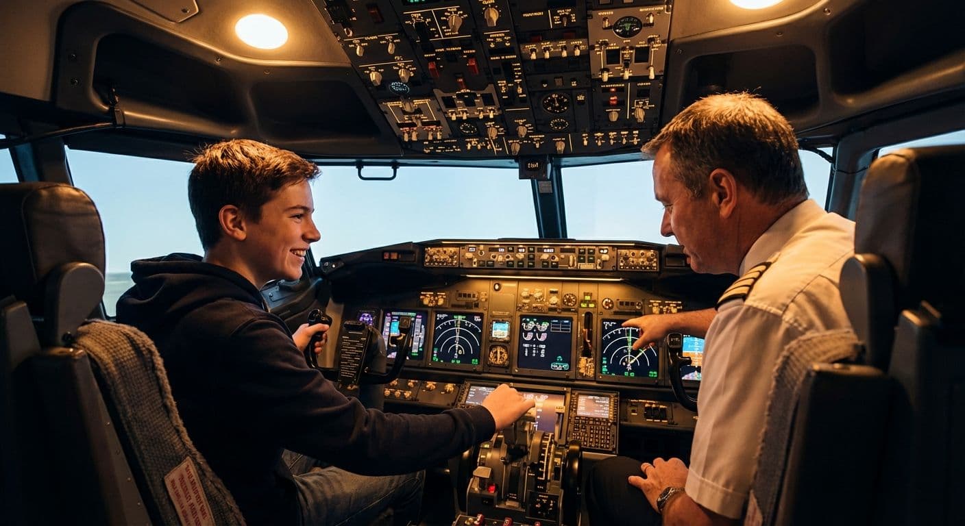 Bambino entusiasta ai comandi del simulatore di volo Boeing 737