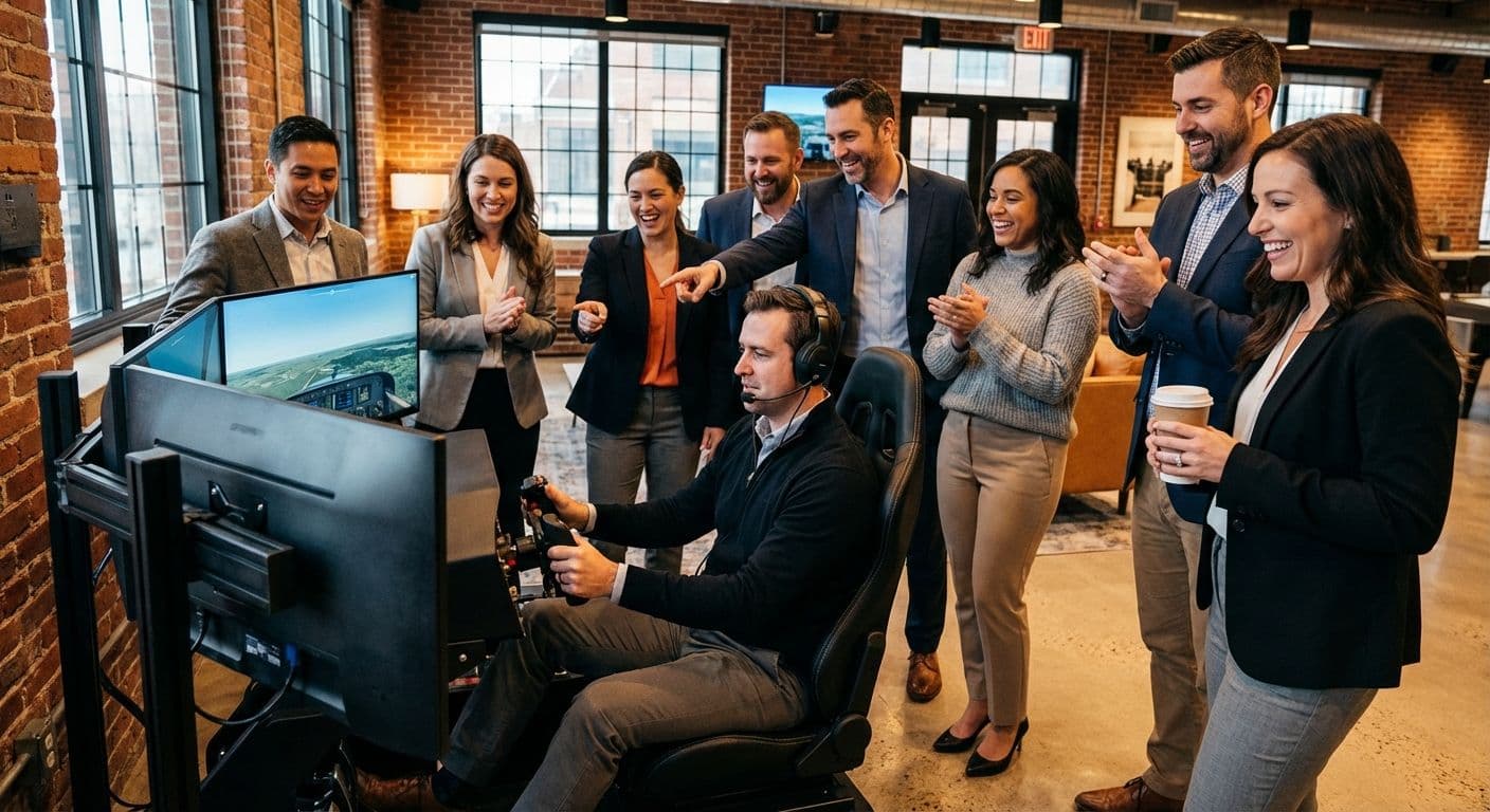 Team aziendale durante evento di team building al simulatore di volo