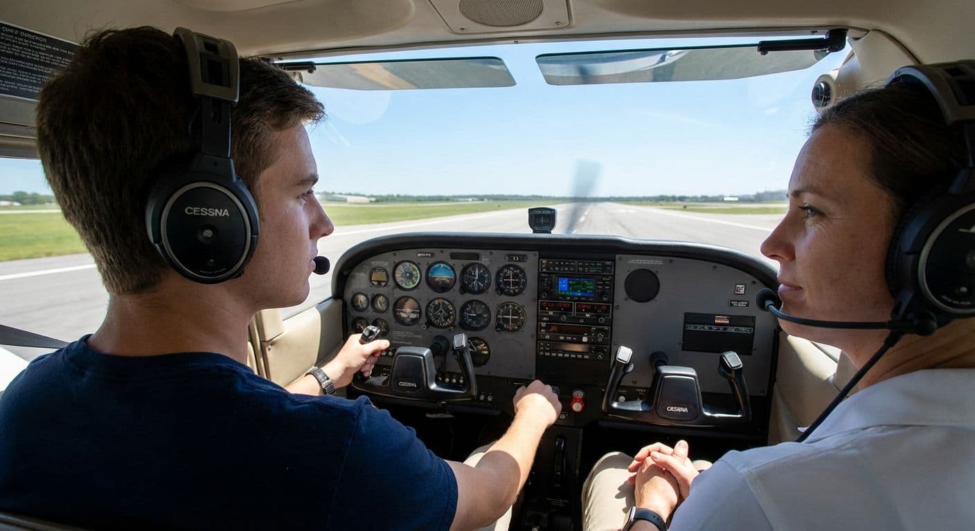 Allievo pilota durante lezione di volo in scuola di volo professionale