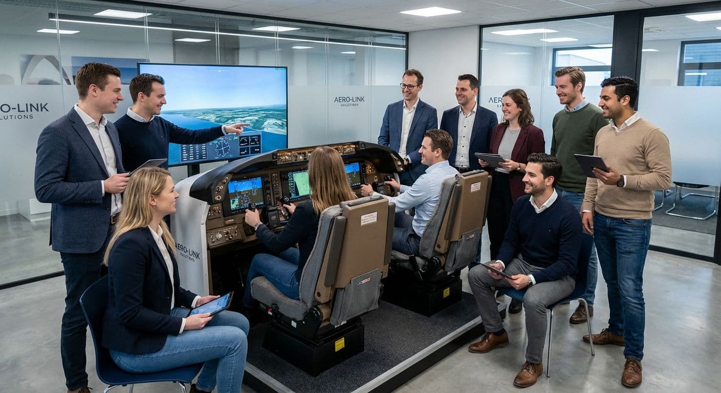 Gruppo aziendale durante evento team building al simulatore Boeing 737