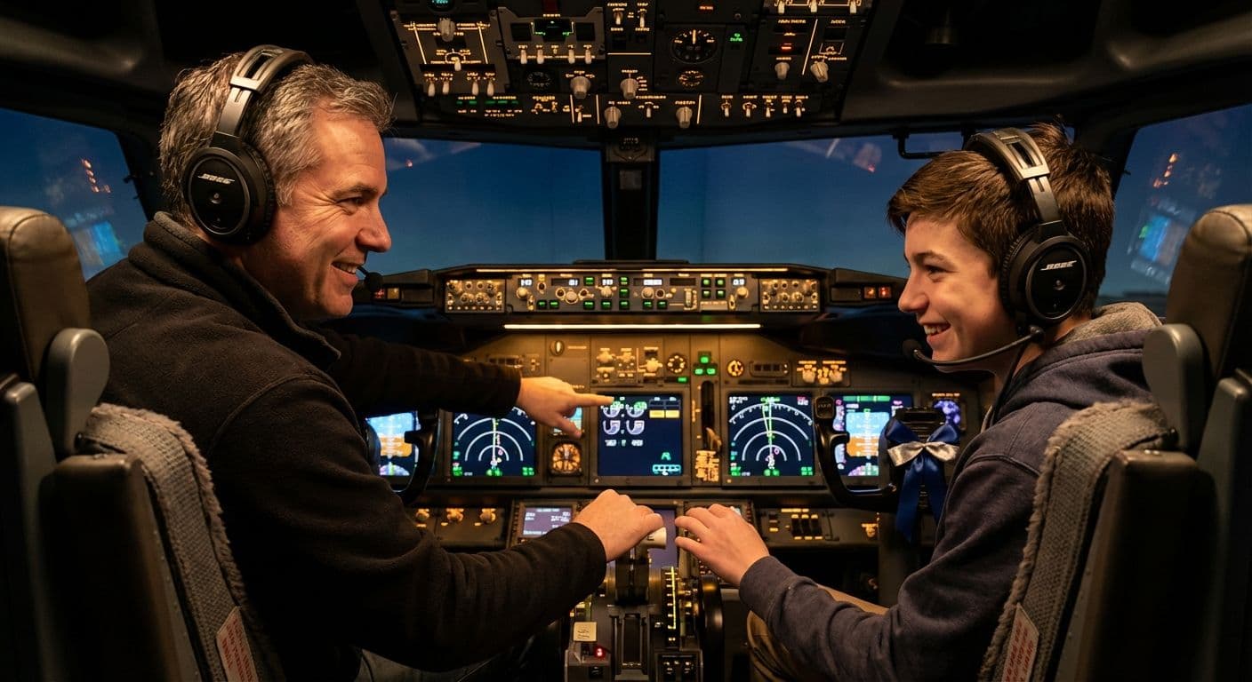 Padre e figlio sorridenti ai comandi del simulatore di volo Boeing 737