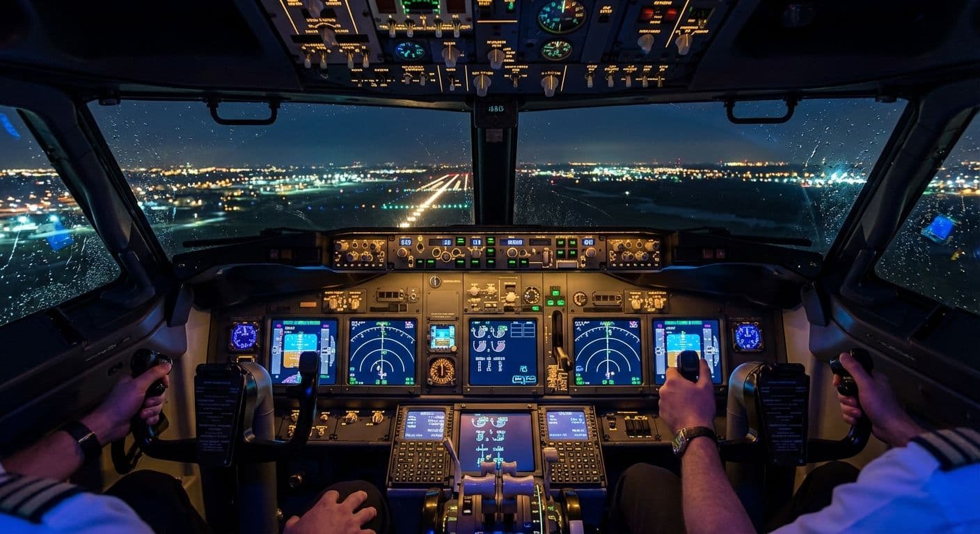 Cockpit del Boeing 737 illuminato durante atterraggio notturno
