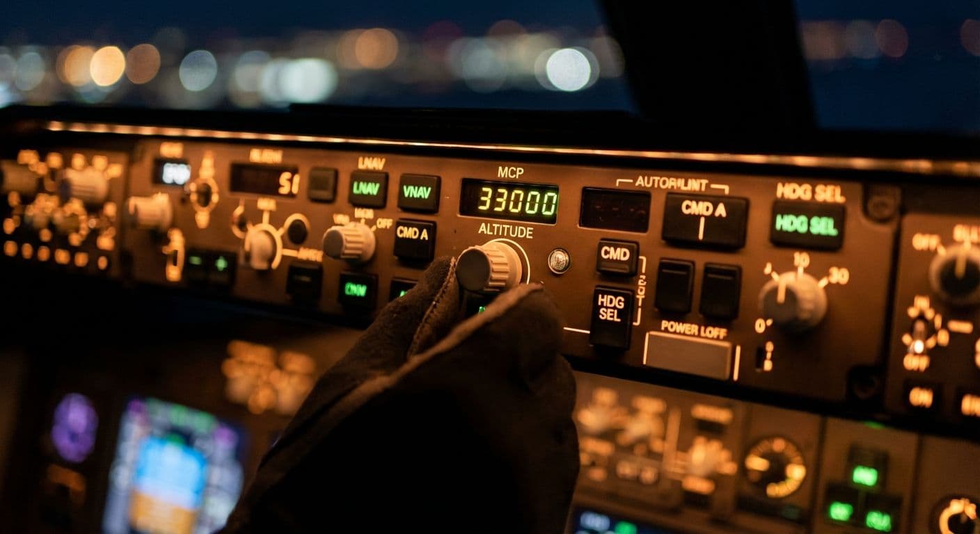 Pannello autopilota MCP del Boeing 737 con selettori di altitudine e velocità