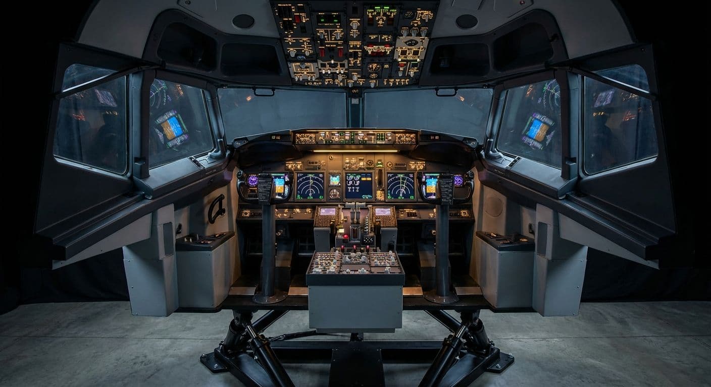 Interno simulatore di volo Boeing 737 con pannello strumenti illuminato