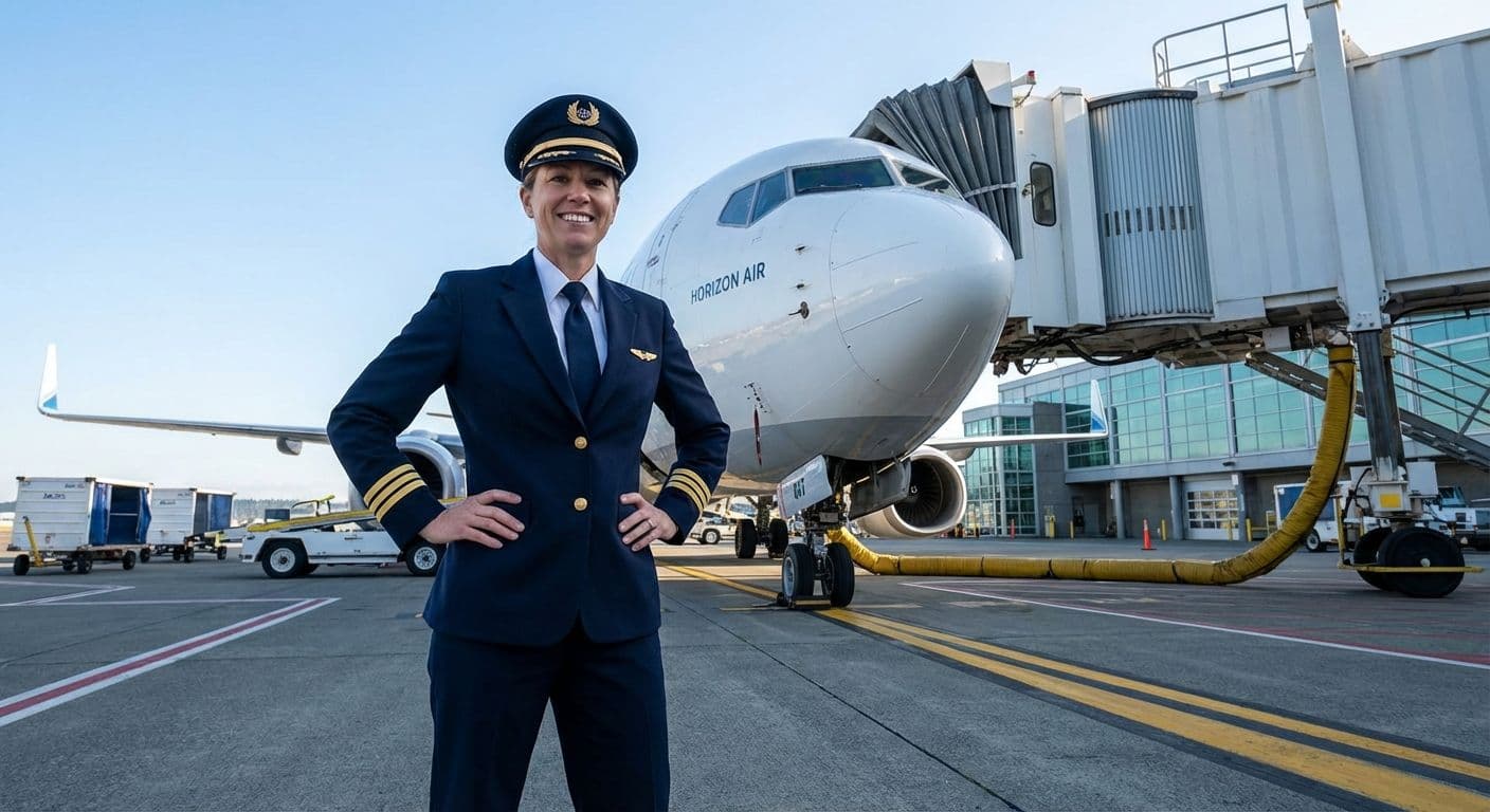 Donna pilota ai comandi del Boeing 737 in cockpit durante il volo